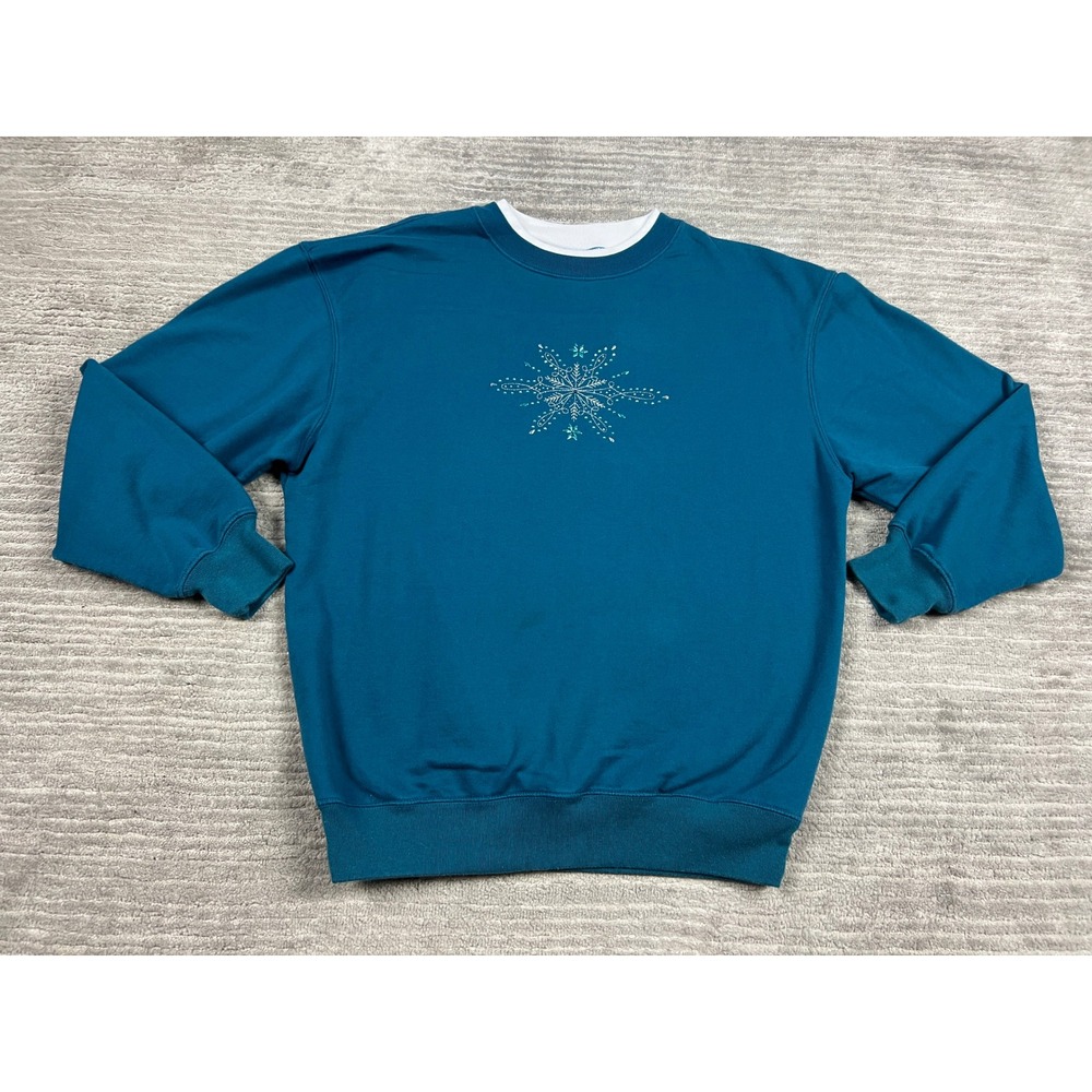 M&C Sportswear Sweatshirt Womens Medium Teal Snowflake Embroidered Rhinestone